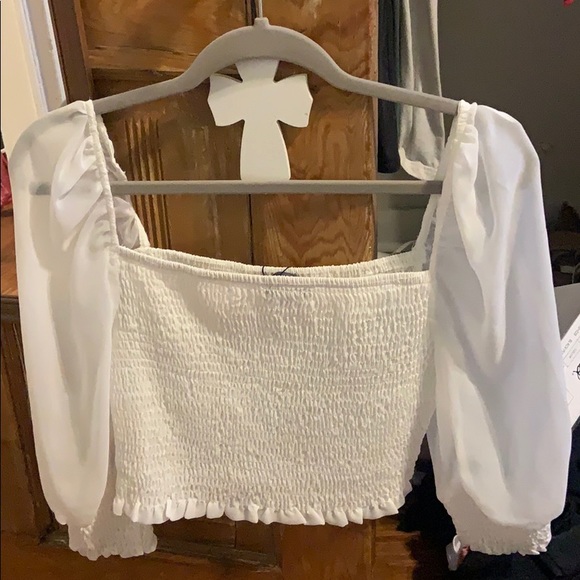 Tops - Trendy white smocked top with puffy sheer sleeves